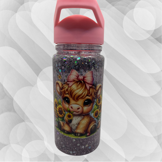 12oz Glitter Kids Drink Bottle Cute Highland Cow