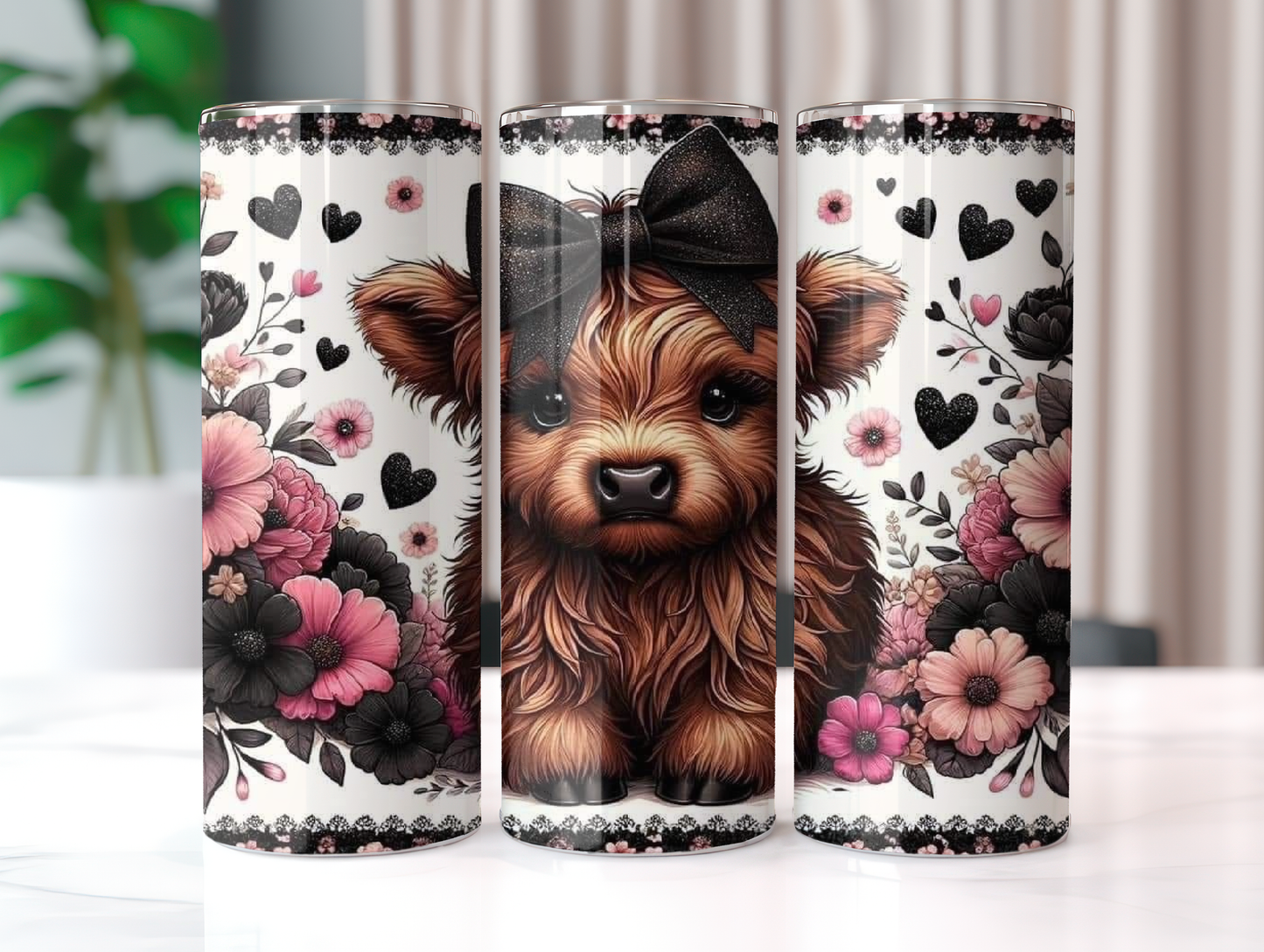 Black Floral Highland Cow 20oz Tumbler