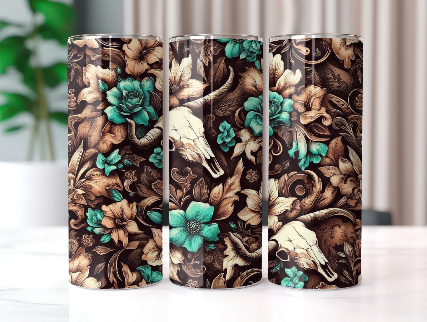 Brown Floral Skull 20oz Tumbler