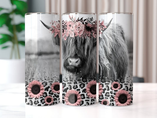 Floral Highland Cow Tumbler