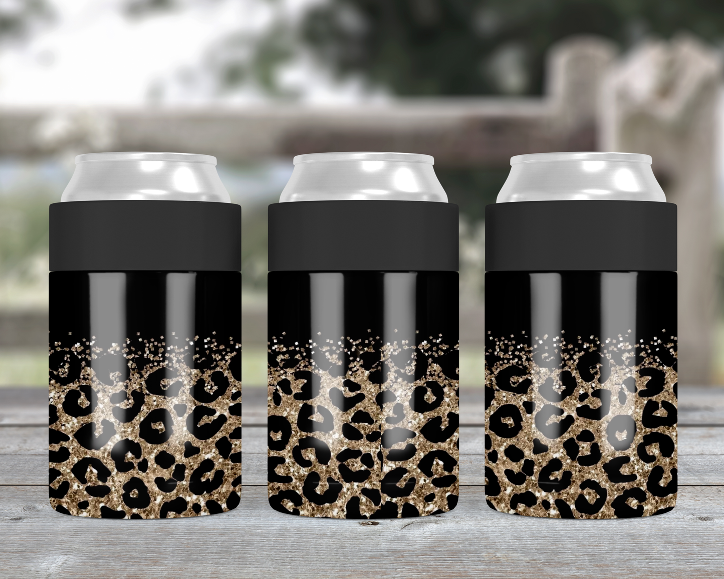 Gold Glitter with Leopard Metal Can Cooler