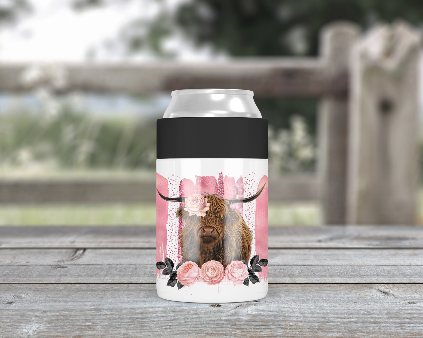 Pink Highland Cow Metal Can Cooler