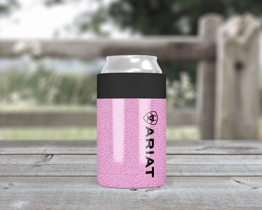 Pink Leather Look Logo Metal Can Cooler