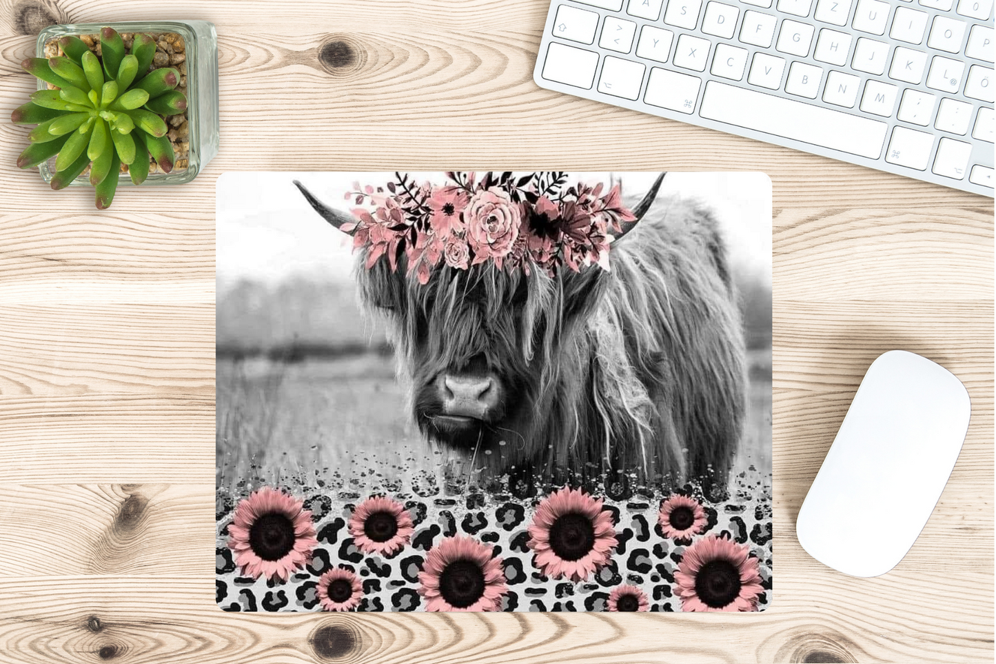 Pink Sunflower Highland Cow Mouse Pad