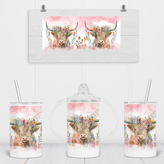 Pink Water colour Highland Cow Sippy Cup