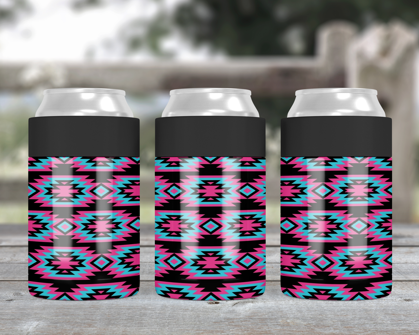 Pink and Black Aztec Metal Can Cooler