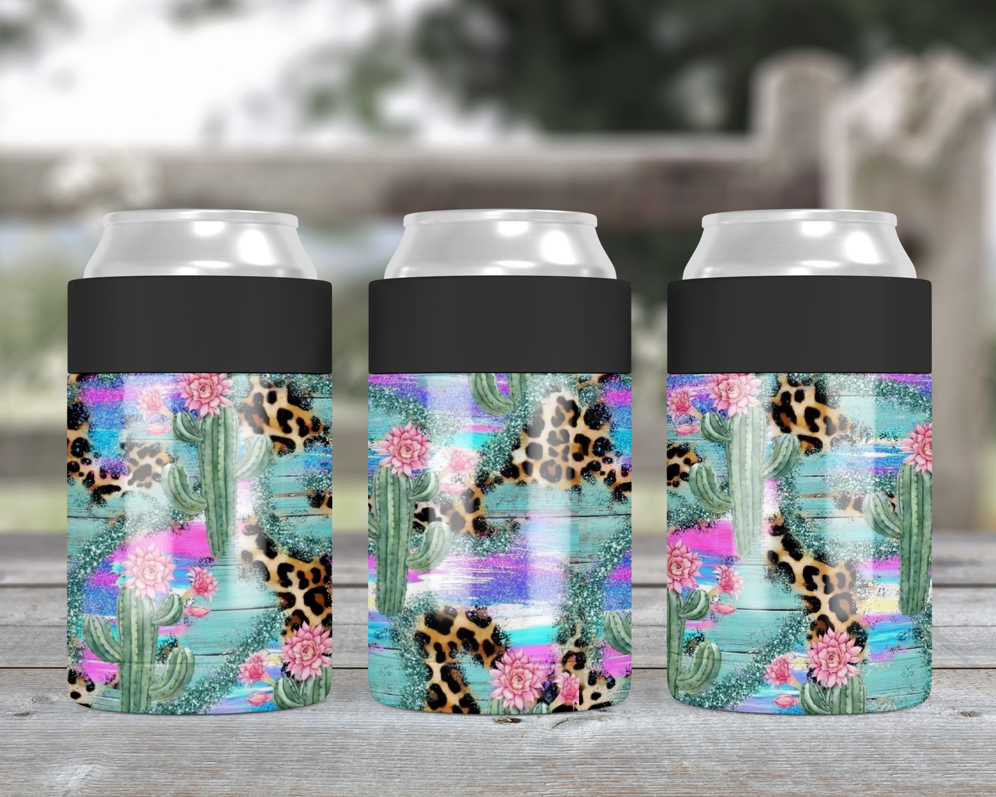 Pretty Cactus and Leopard Metal Can Cooler