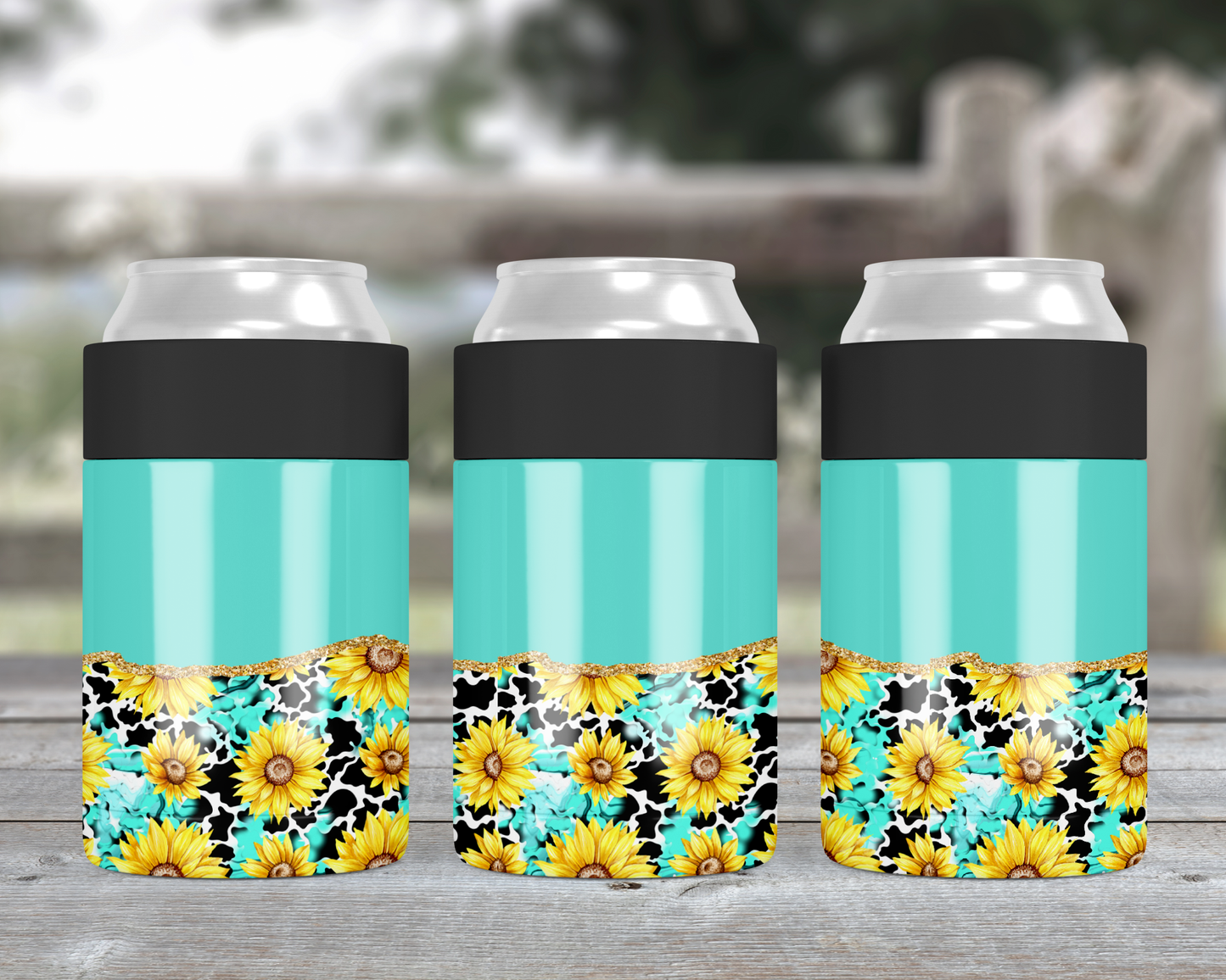 Solid Turquoise and Sunflower Metal Can Cooler