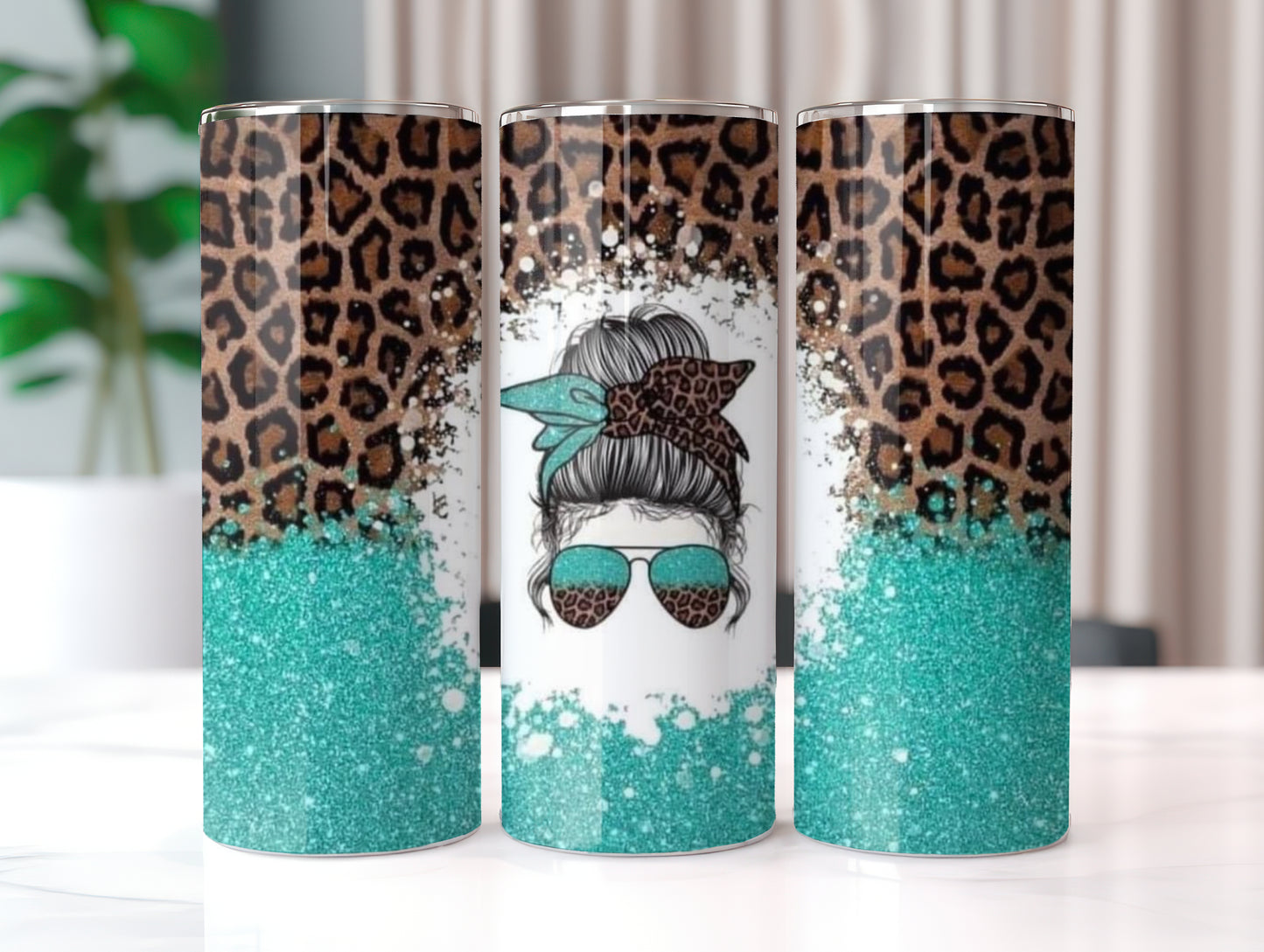 Messy bun Teal Glitter Tumbler