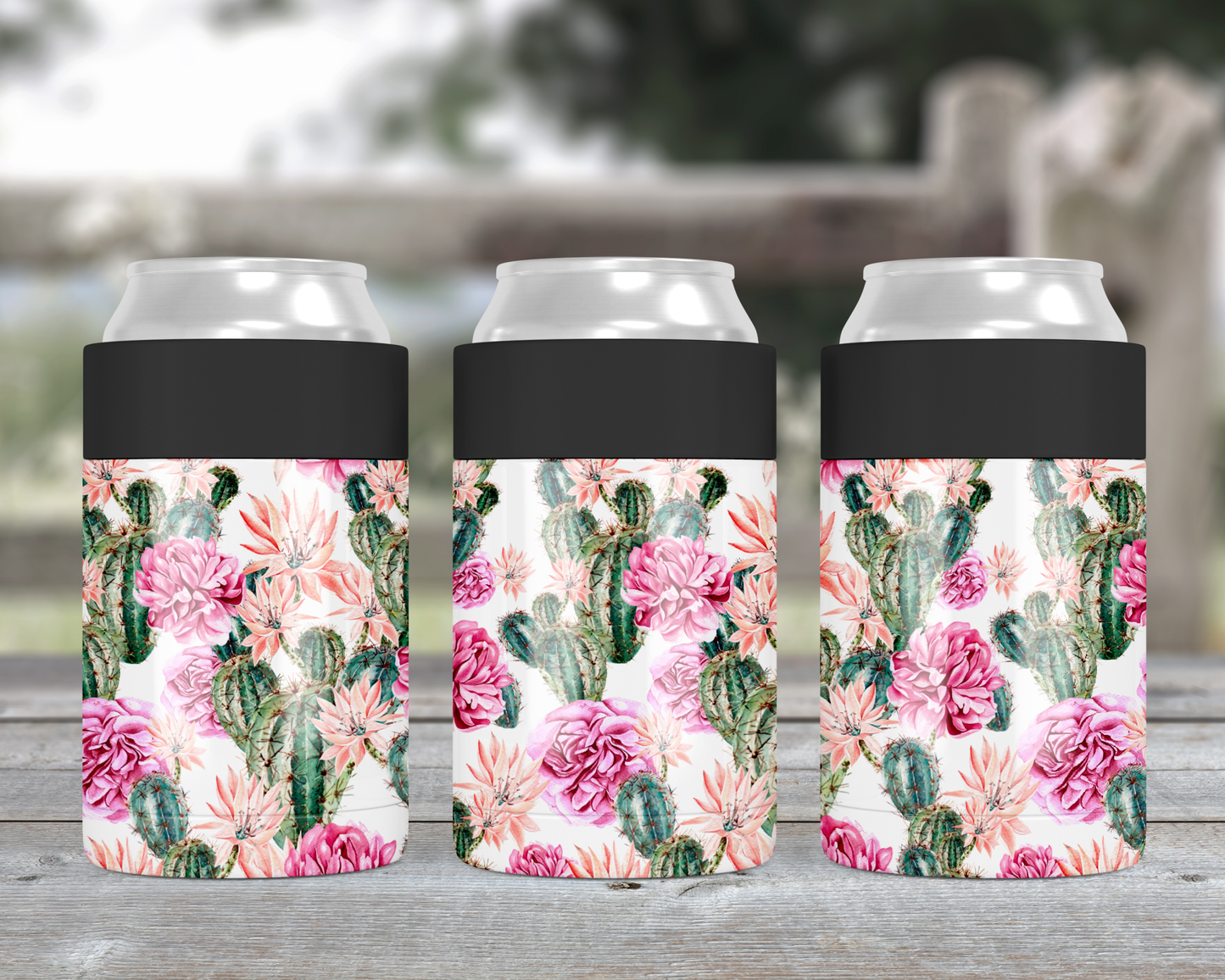 White Floral Cactus Metal Can Cooler