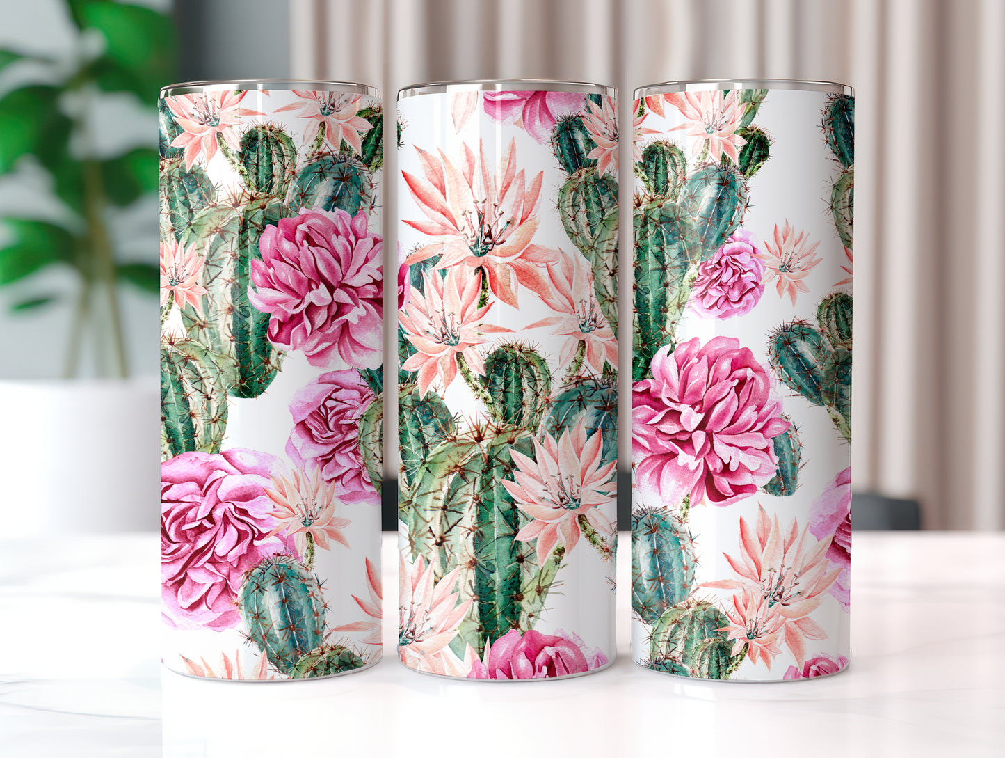 White Floral Cactus Tumbler